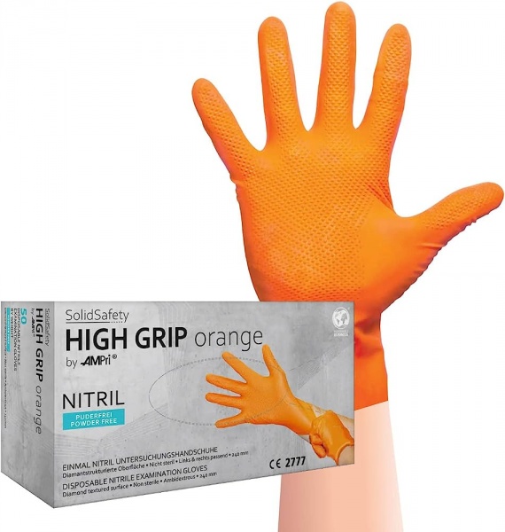 Vienkartinės itin tvirtos nitrilo pirštinės be pudros SolidSafety High Grip, oranžinės, M dydis, 50vnt.