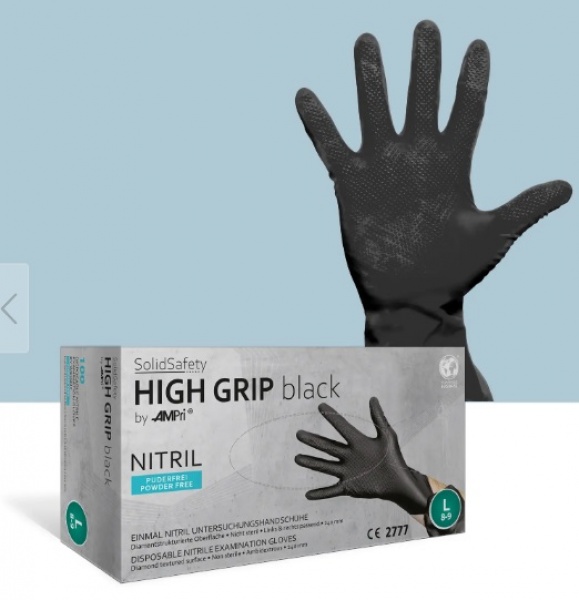 Vienkartinės itin tvirtos nitrilo pirštinės be pudros SolidSafety High Grip, juodos, XL dydis, 100vnt.